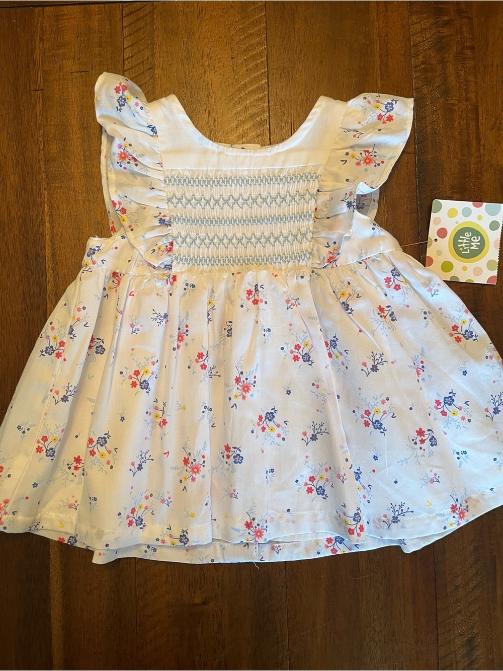 NWT Little Me White Smocked Floral Ruffle-Sleeve Shirt with Pink & Blue Flowers